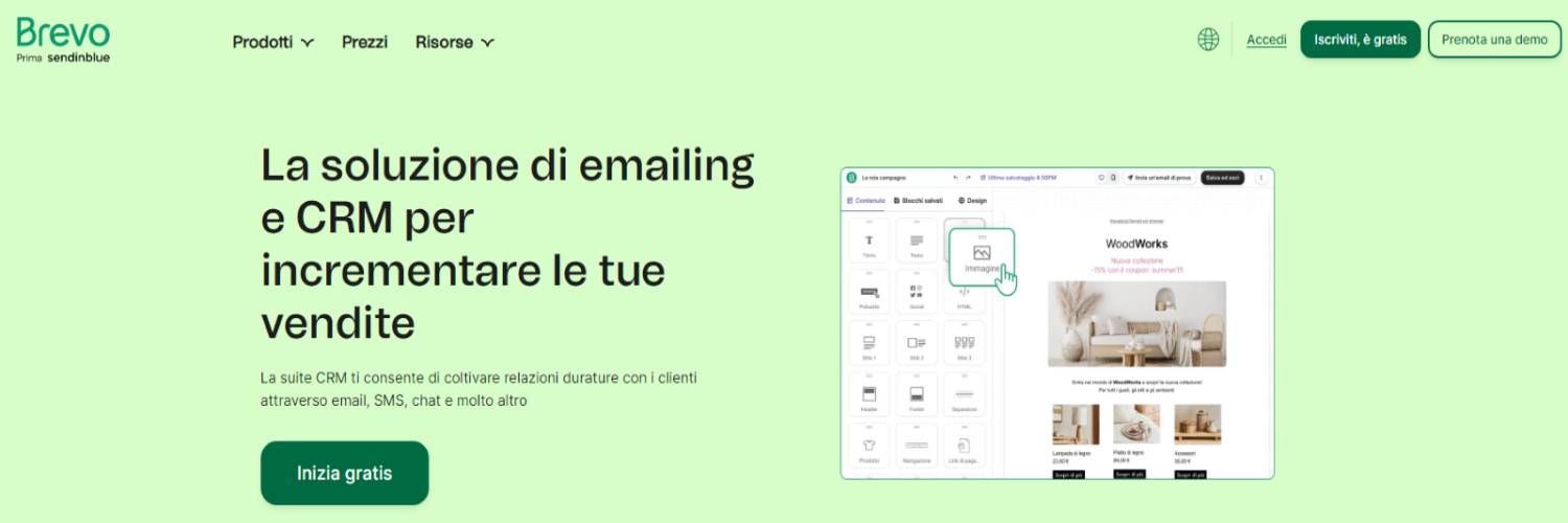 Pagina promozionale di Brevo che pubblicizza la sua soluzione di email marketing e CRM per incrementare le vendite. A sinistra, un testo descrittivo evidenzia i vantaggi della piattaforma, mentre a destra viene mostrata un'anteprima del generatore di email drag-and-drop, con l'invito a iniziare gratuitamente.