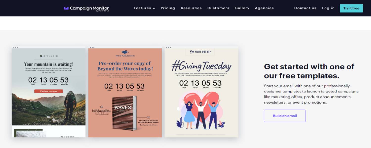 Pagina promozionale di Campaign Monitor che mostra tre esempi di modelli di email personalizzabili con countdown temporizzati per campagne di marketing. A destra, un invito ad utilizzare uno dei modelli gratuiti per avviare campagne mirate come offerte di marketing, annunci di prodotto, newsletter o promozioni di eventi.