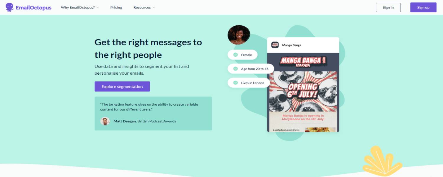 Pagina promozionale di EmailOctopus che mette in evidenza le funzionalità di segmentazione dei contatti per inviare messaggi personalizzati. A sinistra, un invito a esplorare la segmentazione basata su dati demografici, mentre a destra vengono mostrate le caratteristiche di un esempio di target, come genere, età e posizione geografica.